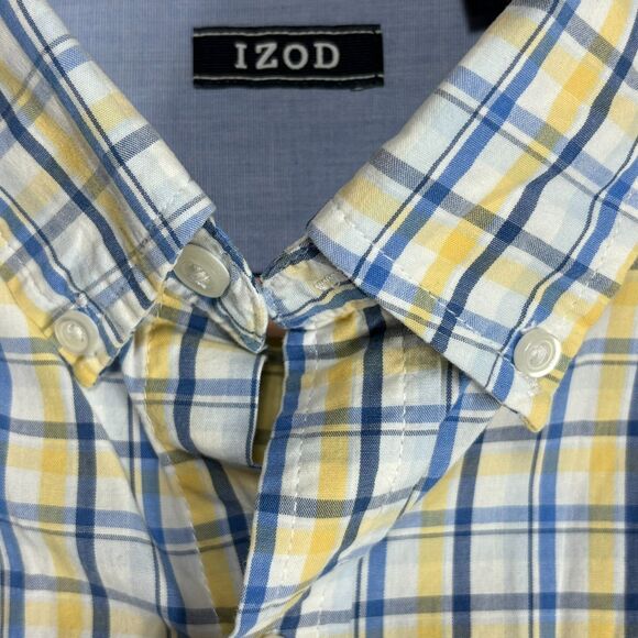 IZOD Shirt Men's Size LG Blue Yellow White Plaid Button Down Short Sleeve Pocket - Picture 7 of 11